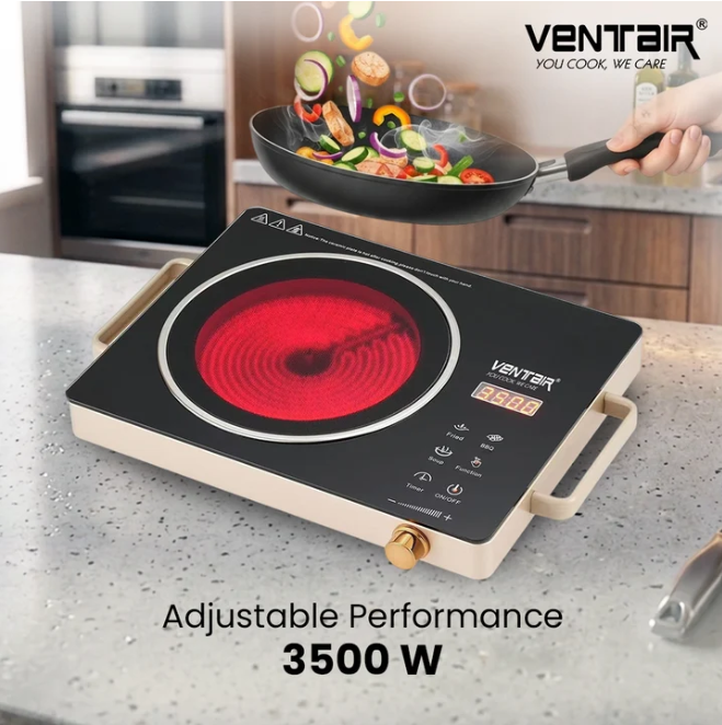 Ventair Infrared Cooktop Tej-3500 | Black | Crystal Glass Top Plate, Digital Display & Sensor Touch Controls For Frying Boiling Grilling
